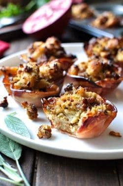 Pork Apple Stuffing in Pancetta Cups - crispy pancetta shell (sub with prosciutto) filled with pork and apple stuffing, baked until golden and crispy on top.