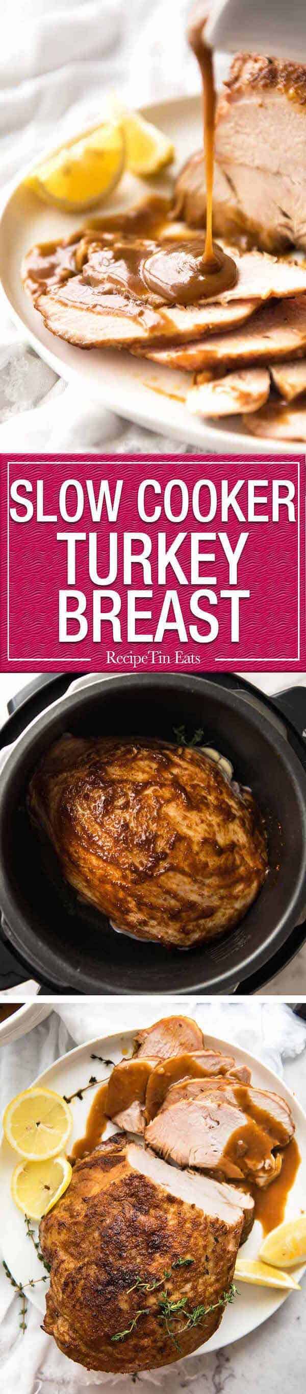 Slow Cooker Turkey Breast with Gravy - the easiest and safest way to make juicy turkey breast without brining! recipetineats.com