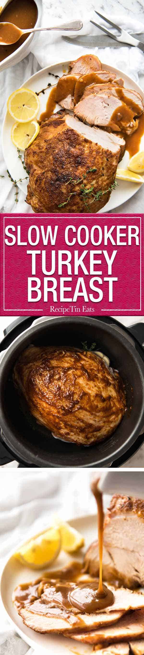 Slow Cooker Turkey Breast with Gravy - the easiest and safest way to make juicy turkey breast without brining! recipetineats.com