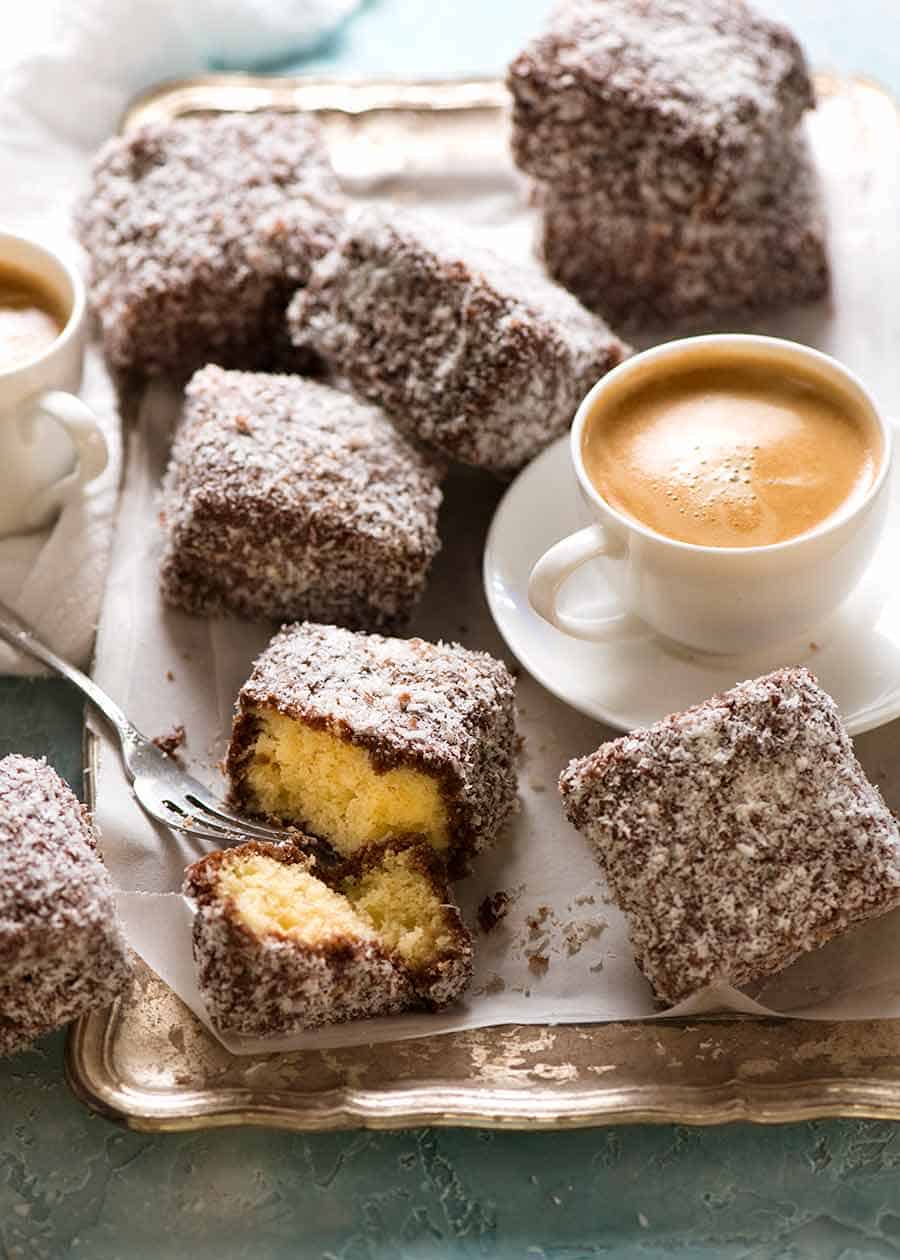 Rustic silver tray with lamingtons and coffee, ready to be served