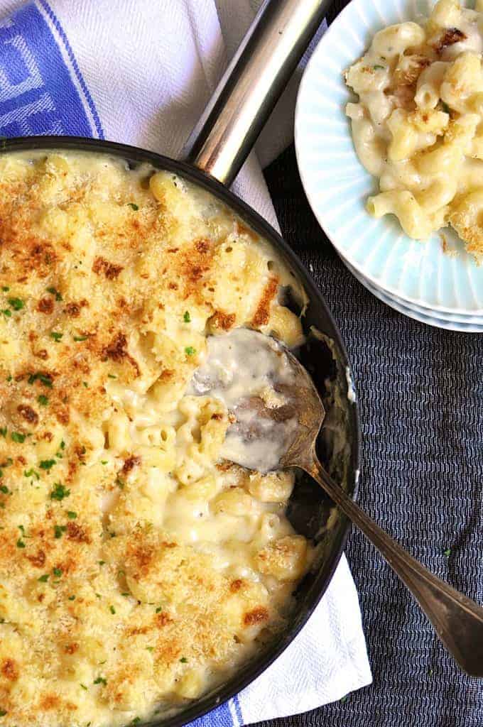 Closeup overhead photo of Baked One Pot Mac and Cheese