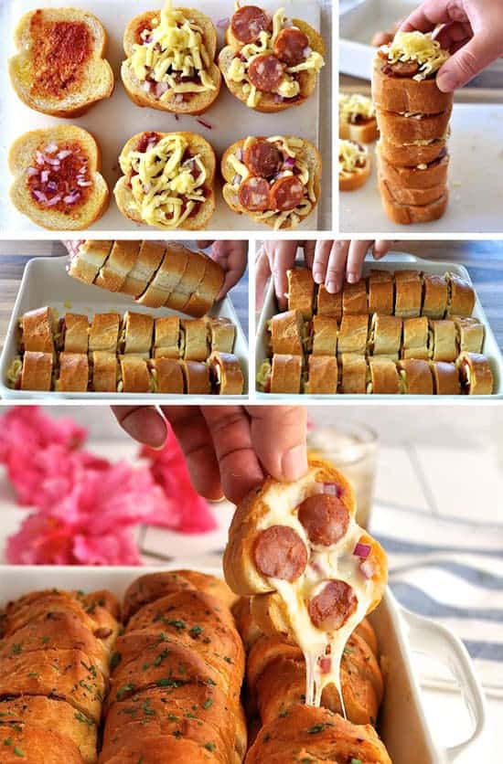 Pull Apart Garlic Pizza Bread - every piece is like a mini pizza! Can be made ahead and even reheated in the microwave.