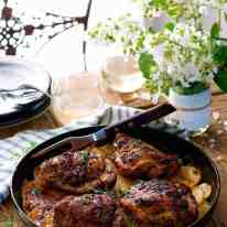 One Pan Rotisserie Chicken with Potato Gratin - two dishes in one pan! Chicken rubbed with rotisserie flavours and roasted on top of potato gratin. Fast and easy to prepare!