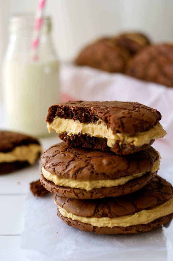 Closeup of a stack of Brownie Cookie Sandwiches with Peanut butter Frosting