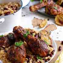 Jamaican Jerk Chicken Drumsticks and Caribbean Rice with Red Beans - the strong, spicy flavours of this chicken is the best from the Caribbean! Easy to make with everyday ingredients.