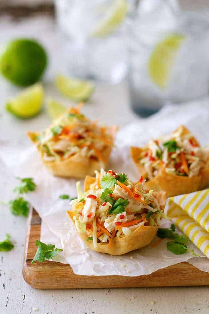 Thai Chicken Salad Wonton Cups - wonton wrappers make great party food! These are filled with a fresh, zingy Thai chicken salad.