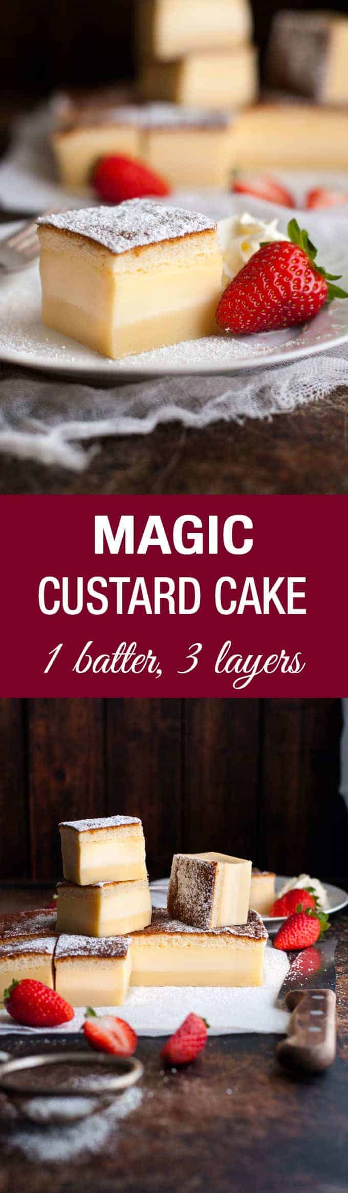 Magic Custard Cake - one simple batter transforms into a 3 layered cake! A fudgey base, soft custard middle and fluffy sponge topping.