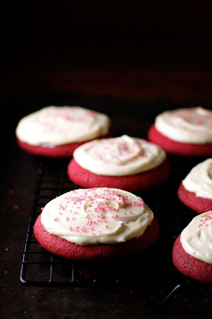 Red Velvet Cupcake Cookies with Cream Cheese Frosting - these taste just like red velvet cupcakes, except they're in cookie form! Just 200 calories each.