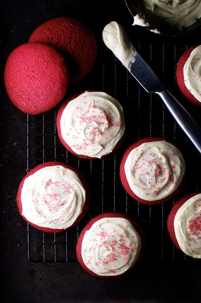 Overhead photo of Red Velvet Cookies with Cream Cheese Frosting