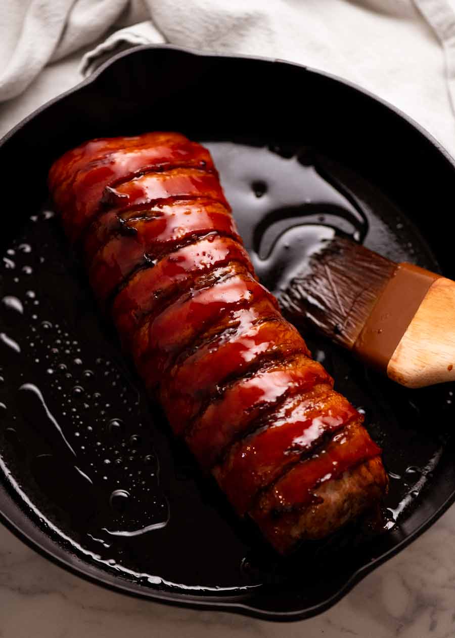 Freshly made Bacon wrapped pork tenderloin