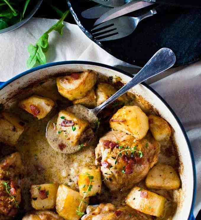 Honey Mustard Baked Chicken with Roast Potatoes and Bacon - all made in one pan! Easy enough for midweek, fancy enough for a dinner party!