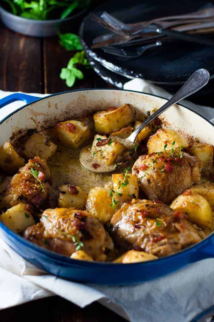 Honey Mustard Baked Chicken with Roasted Potatoes and Bacon - all in one skillet!  Easy enough for midweek, chic enough for dinner!  recipes.com