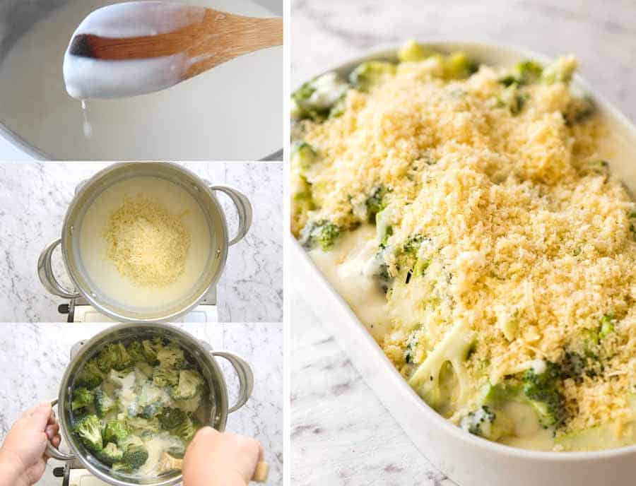 Preparation steps for Creamy Garlic Parmesan Broccoli Casserole