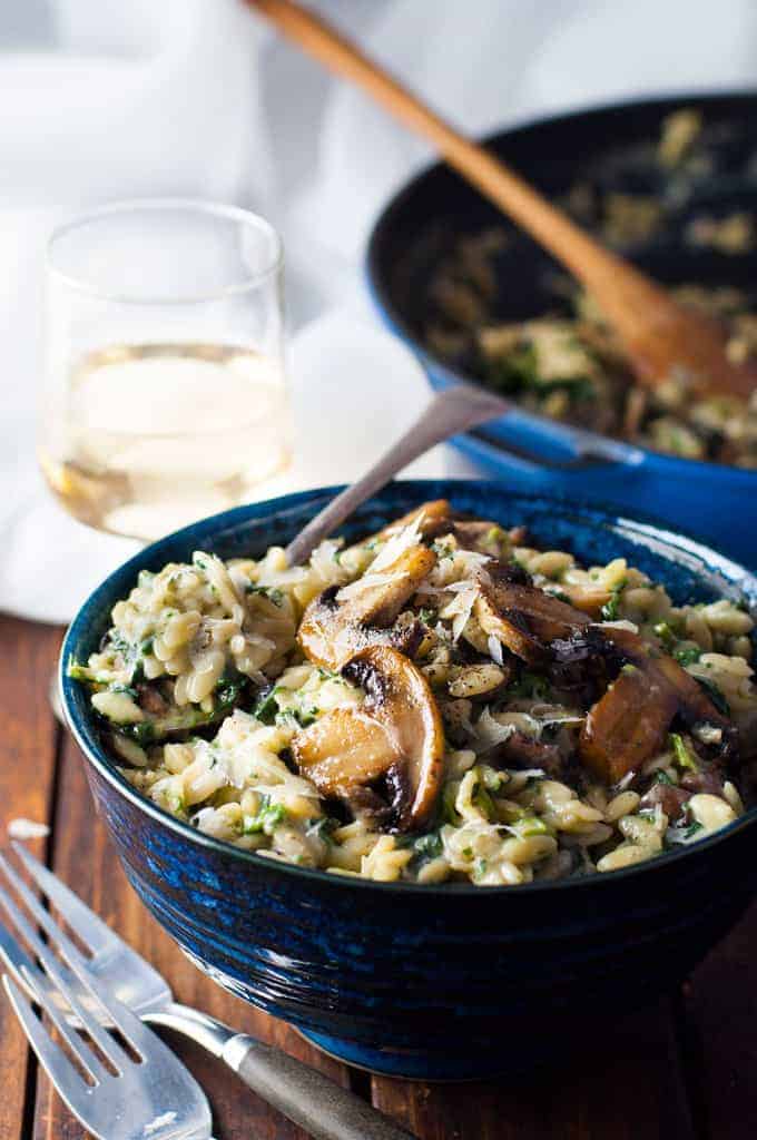 Creamy Mushroom and Spinach Orzo (Risoni) - all made in one pan, so creamy (but no cream!).  A fabulous meal without meat!