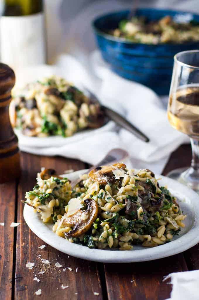 Creamy Mushroom and Spinach Orzo (Risoni) - all made in one pan, so creamy (but no cream!) . A fabulous meat free meal!