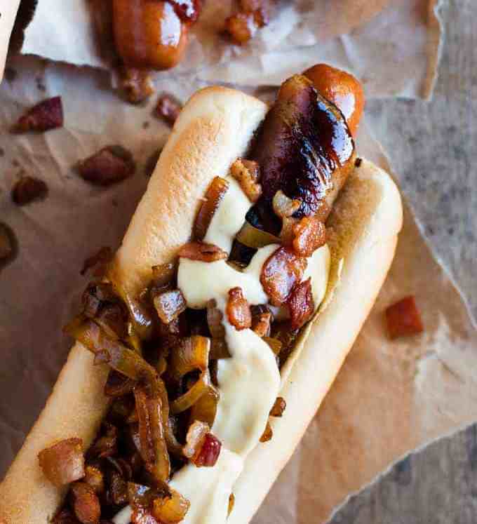 Bacon Wrapped Hot Dogs with Cheese Sauce