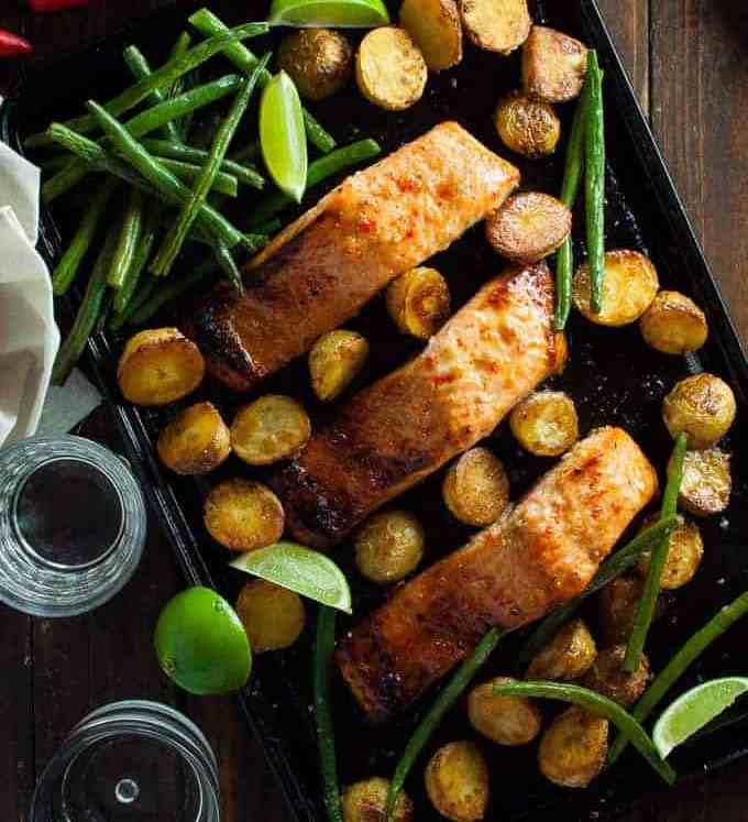 Chili Lime Baked Salmon with Potatoes and Beans (One Tray Meal)