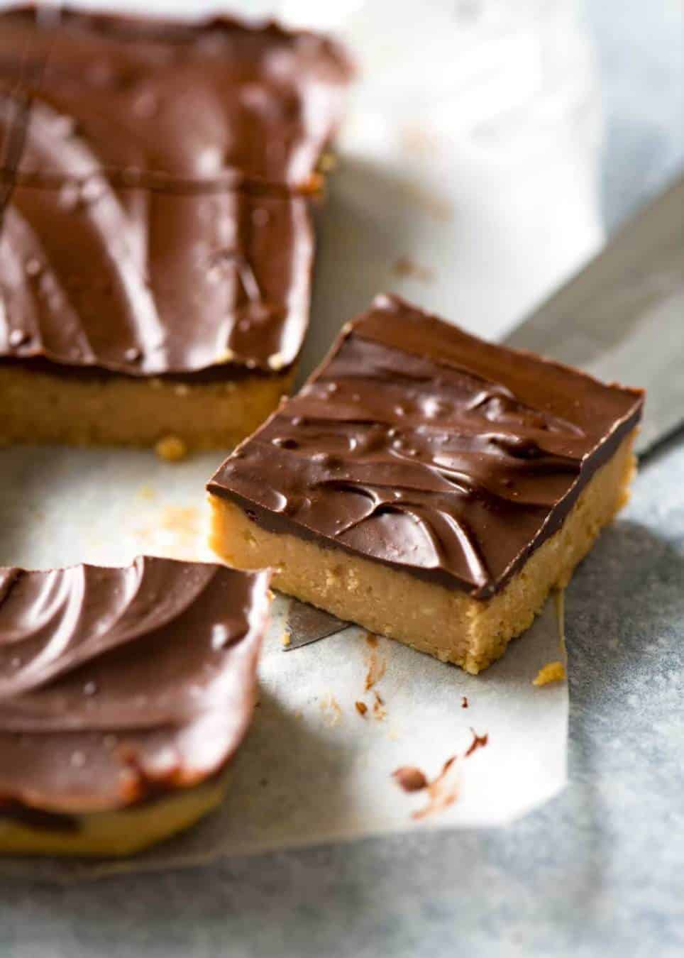 Close up of a slice of No Bake Chocolate Peanut Butter Bars