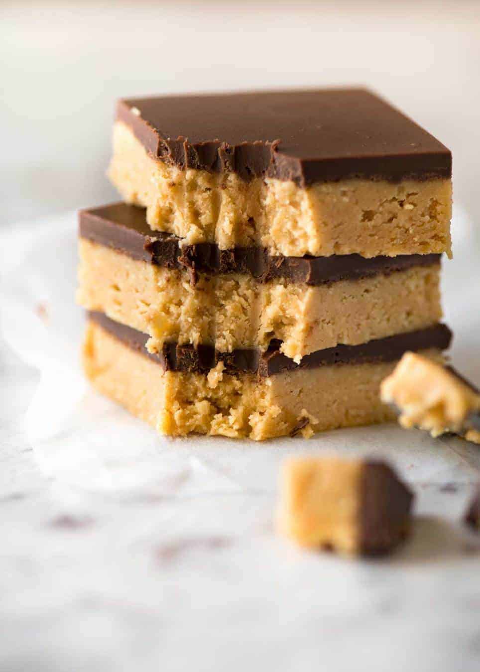 Close up of 3 No Bake Chocolate Peanut Butter Bars