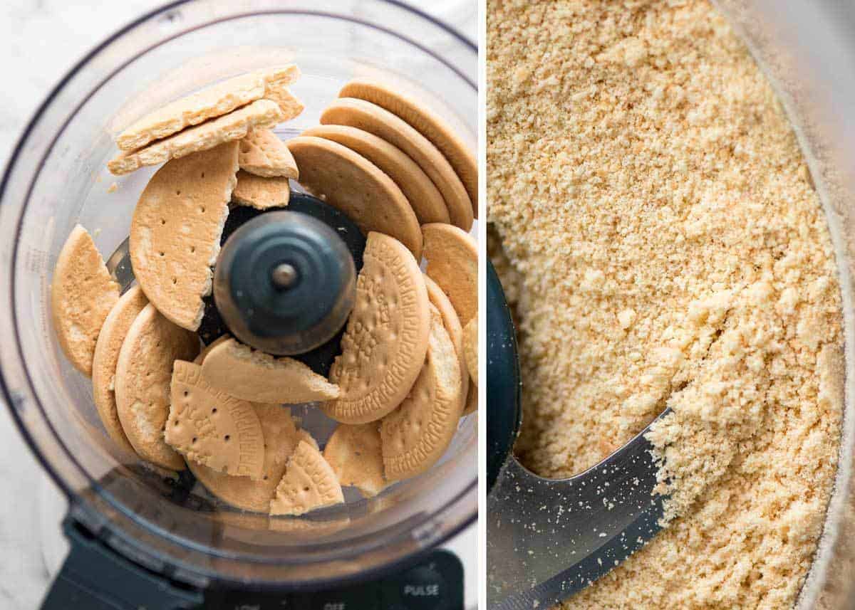 Preparation of No Bake Chocolate Peanut Butter Bars - biscuits in food processor