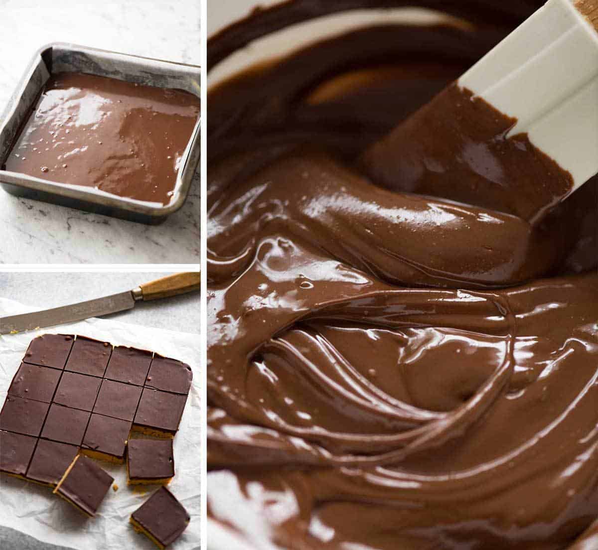 Preparation of No Bake Chocolate Peanut Butter Bars - the chocolate peanut butter topping