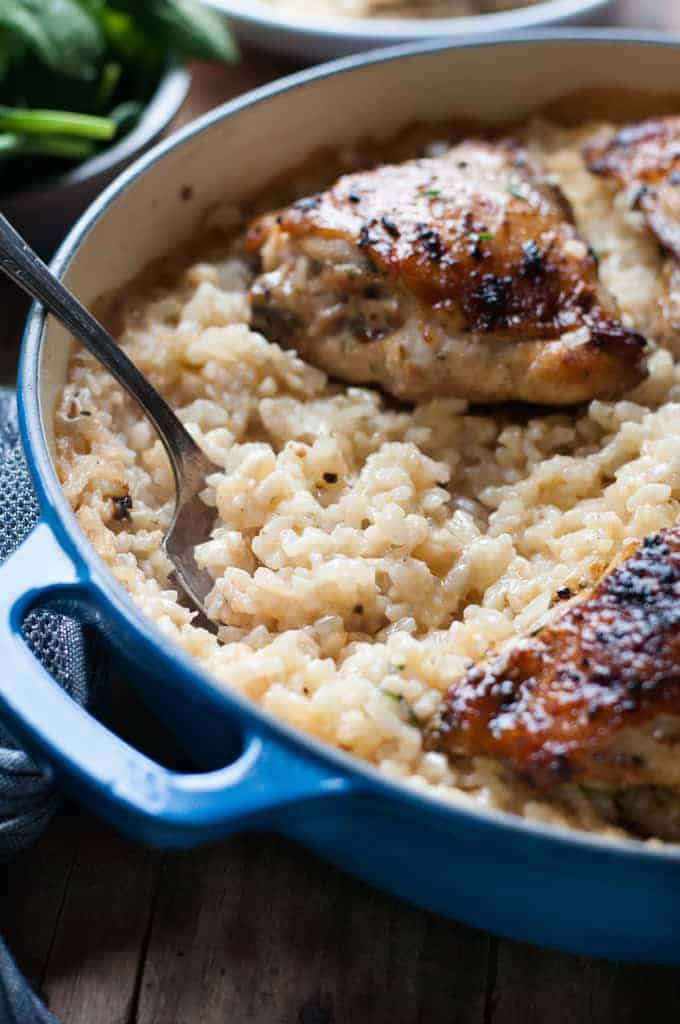 Closeup of One Pot Creamy Baked Risotto with Lemon Pepper Chicken
