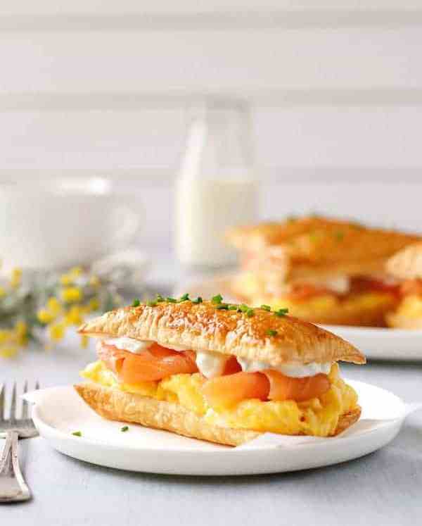 Smoked Salmon and Egg Breakfast Mille-feuille on a white plate
