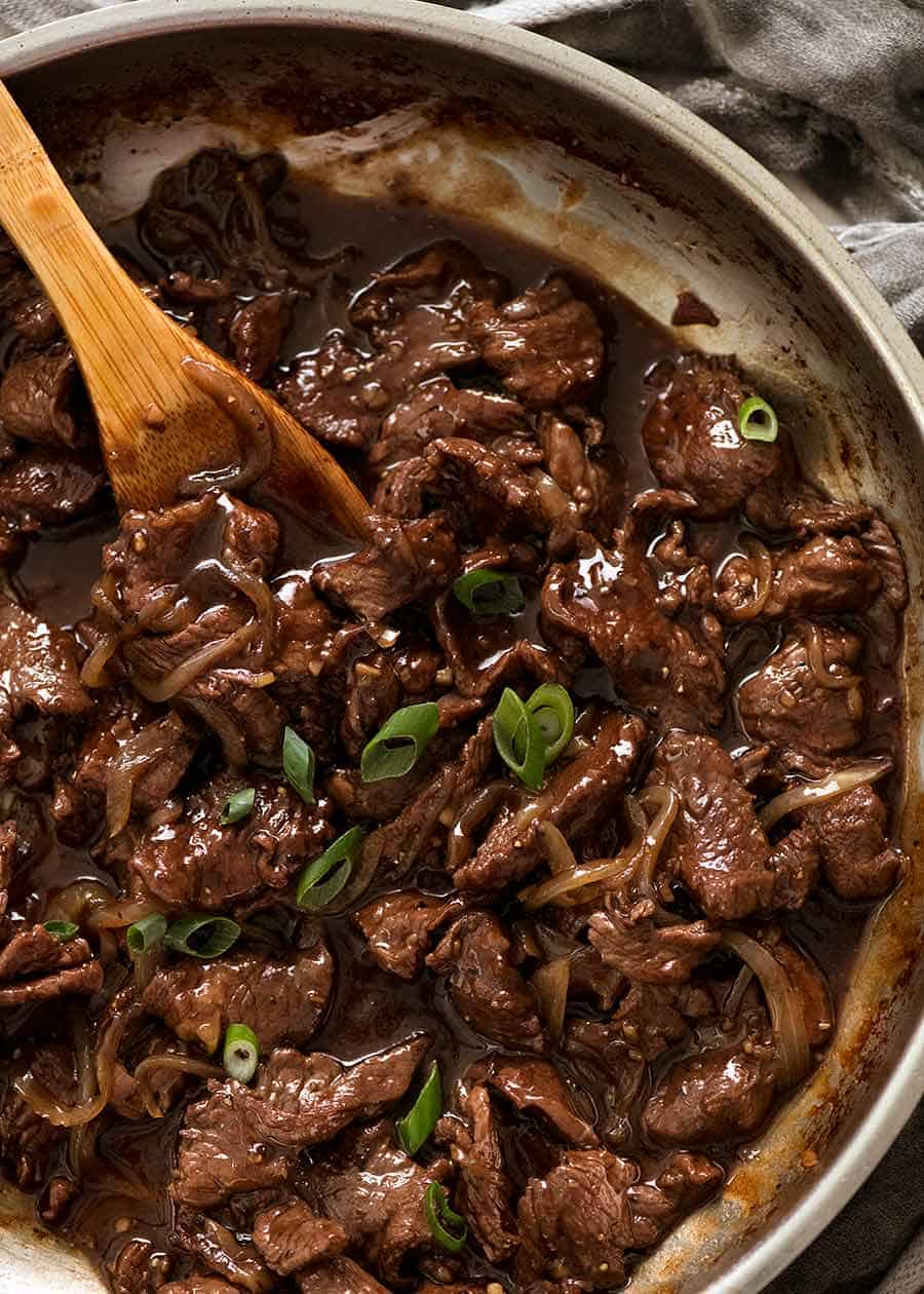 Overhead photo of Chinese Honey Pepper Beef in a skillet