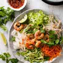 Vietnamese Shrimp Noodle Salad (rice noodles, lettuce, bean sprouts, carrot, cucumber, shrimp, dressing)