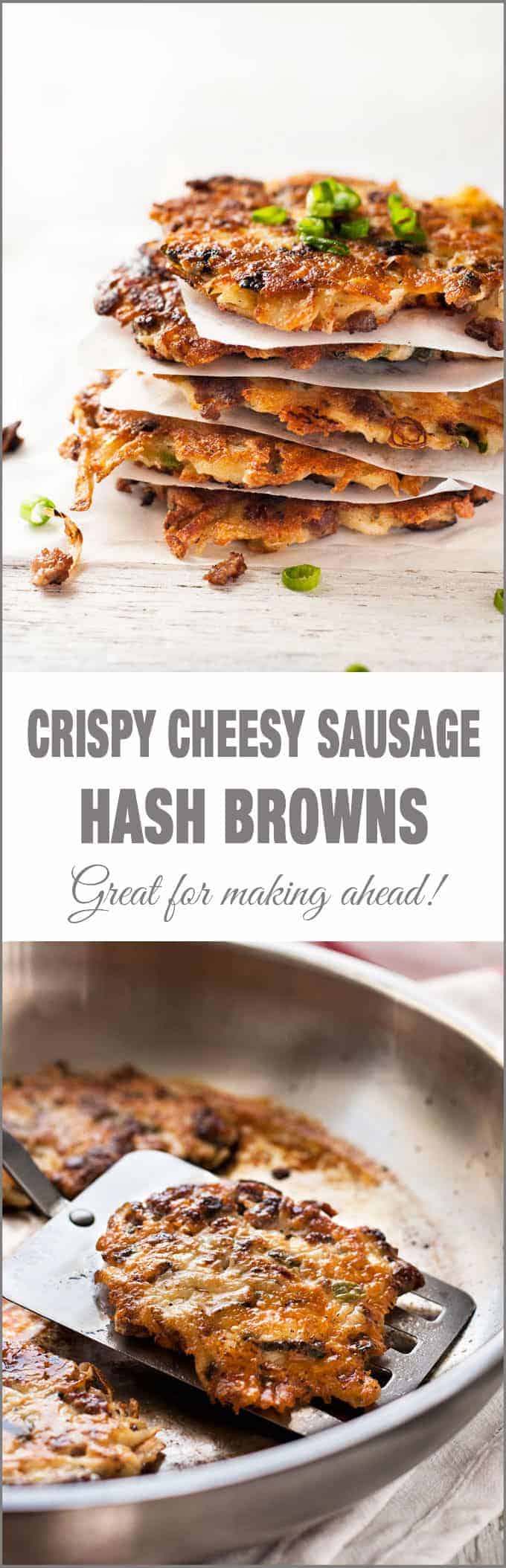 Crispy Cheesy Sausage Hash Browns - a step up from the usual hash browns! Great for making ahead.