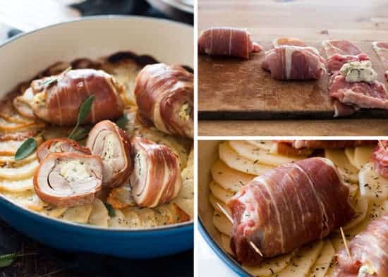 Prosciutto Wrapped Chicken and Scalloped Potatoes preparation steps.