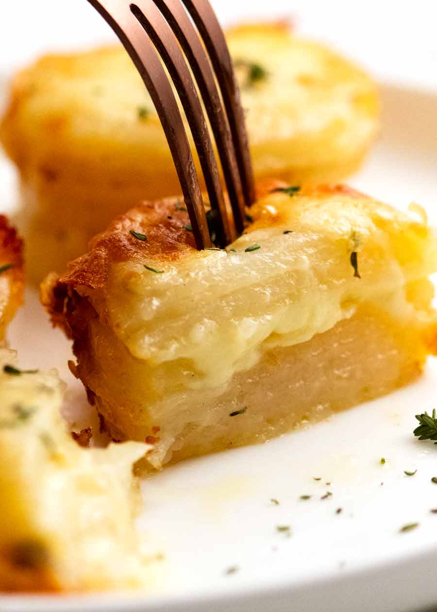 Fork eating Mini Potato Dauphinoise - Gratin Stacks
