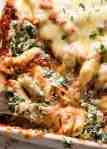 Close up of Spinach Ricotta Pasta Bake fresh out of the oven, ready to be served
