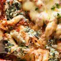 Close up of Spinach Ricotta Pasta Bake fresh out of the oven, ready to be served