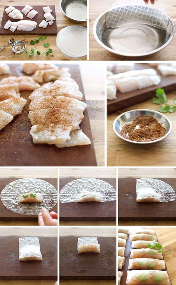 Photo sequence showing steps for making Crispy Chinese Rice Paper Wrapped Fish