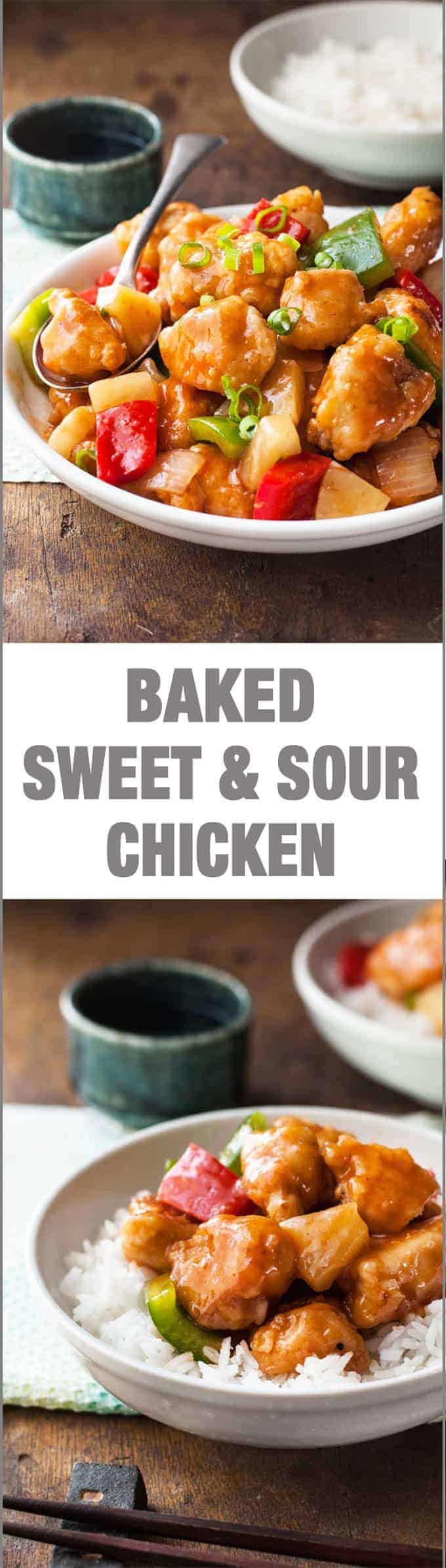 Oven Baked Sweet and Sour Chicken - this recipe is not like the usual. The chicken is crispy, not dry and the sauce is not overly sweet but still really glossy and sticky!