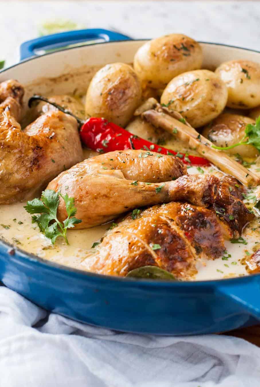 Closeup of whole pot roasted chicken in fragrant coconut broth