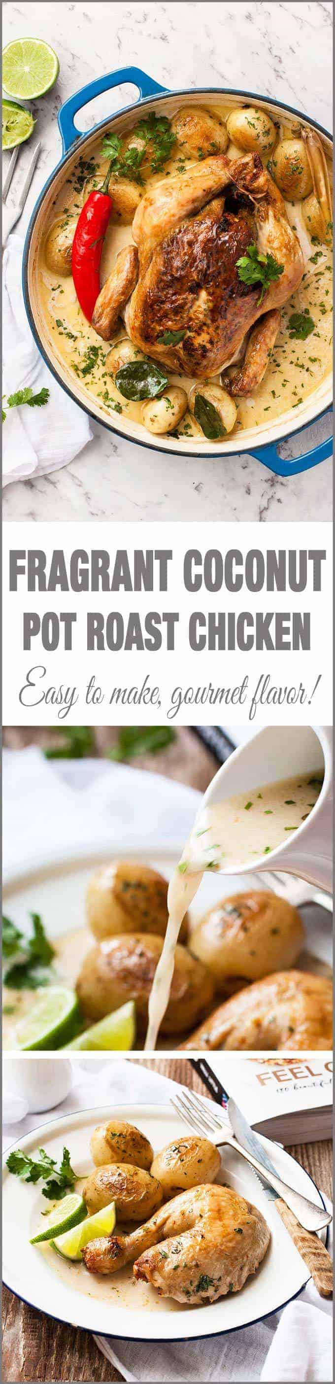 Fragrant Coconut Pot Roasted Chicken - Juicy Chicken roasted in a fragrant Asian-style coconut broth. Amazing flavor for so few ingredients! Substitutions provided.