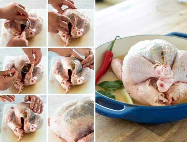 Photo sequence showing steps for making pot roasted coconut chicken