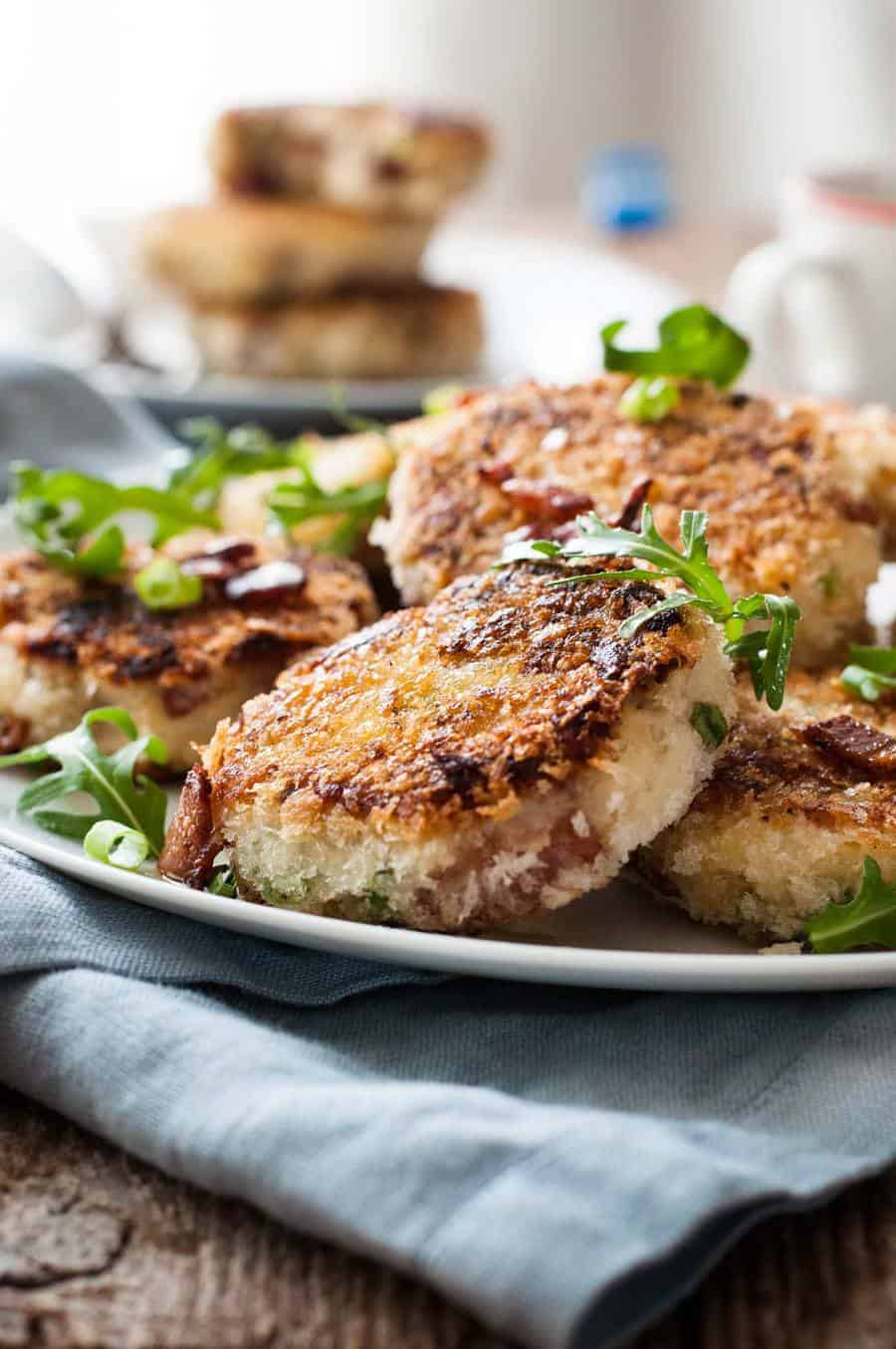 Closeup of Mashed Potato Cakes with Cheese & Bacon