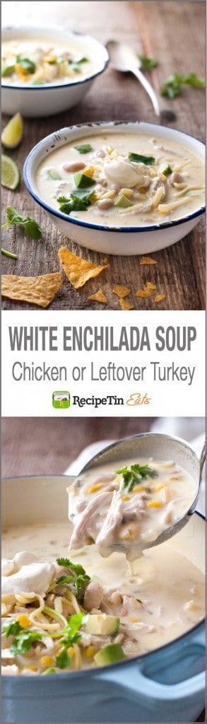 White Chicken Enchilada Soup - tastes like White Enchiladas, but in soup form! Creamy with a tiny touch of tang, so luscious and satisfying. #leftoverturkey #thanksgivingleftovers #turkey