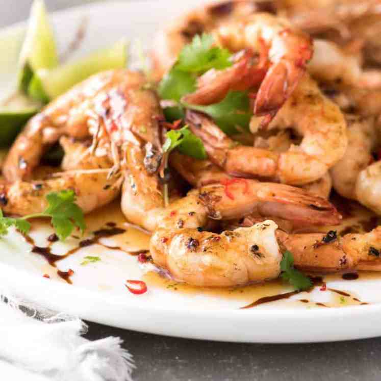 Close up of Asian Grilled Shrimp one a white plate