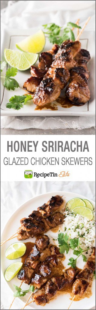 Honey Sriracha Glazed Chicken Skewers - Just 5 ingredients for the marinade glaze that you will fall in love with! Great for barbecues!