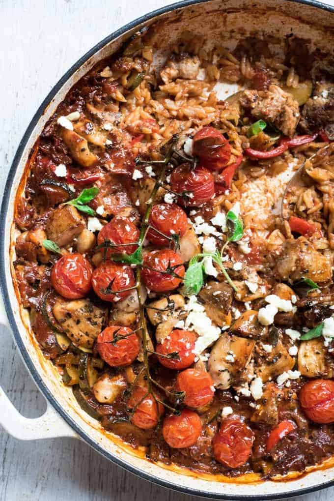 A pot of baked Greek orzo with chicken