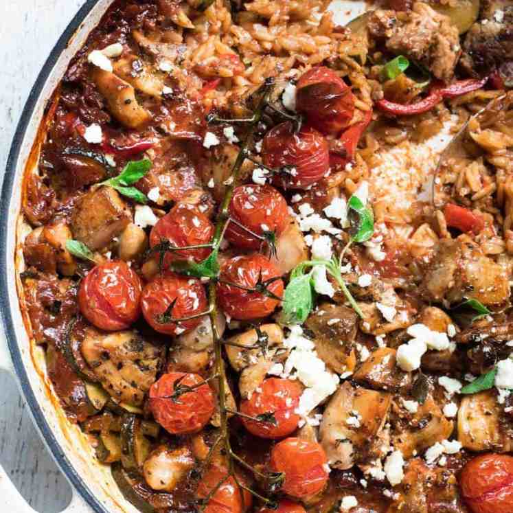 A pot of baked Greek orzo with chicken