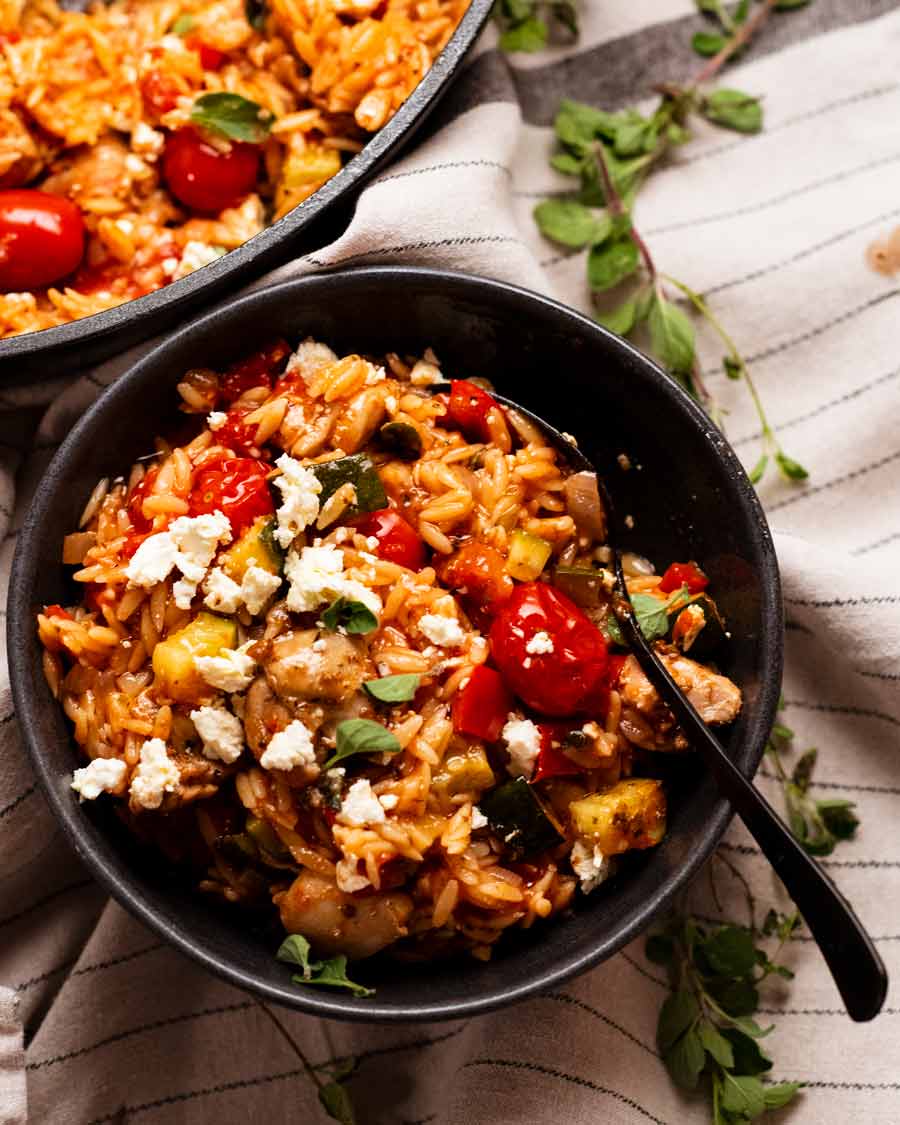 One Pot Greek Chicken Risoni (Orzo) in a bowl ready to be eaten