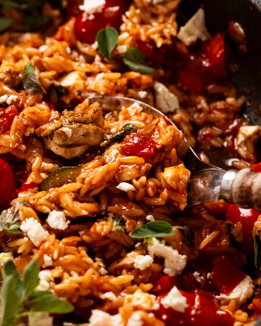 Close up of One Pot Greek Chicken Risoni (Orzo)