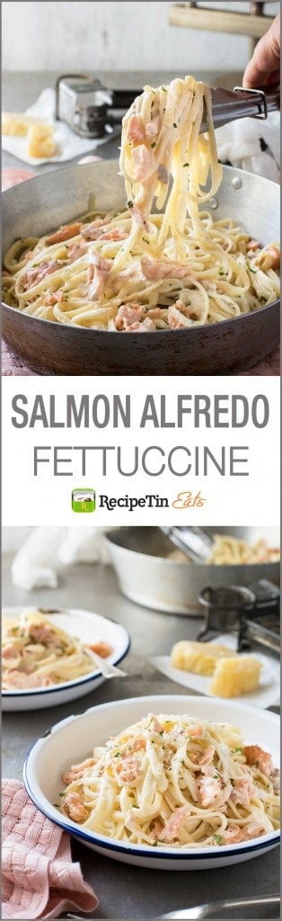 Salmon Alfredo Pasta - Fettuccine tossed in a creamy parmesan sauce and salmon, a magic combination!