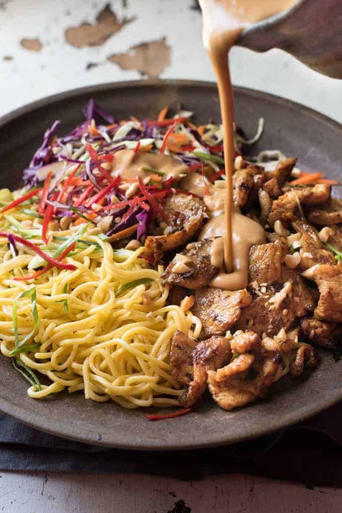 Satay Chicken Noodle Salad - Satay Chicken tossed with noodles, veggies and a scrumptious creamy peanut dressing!