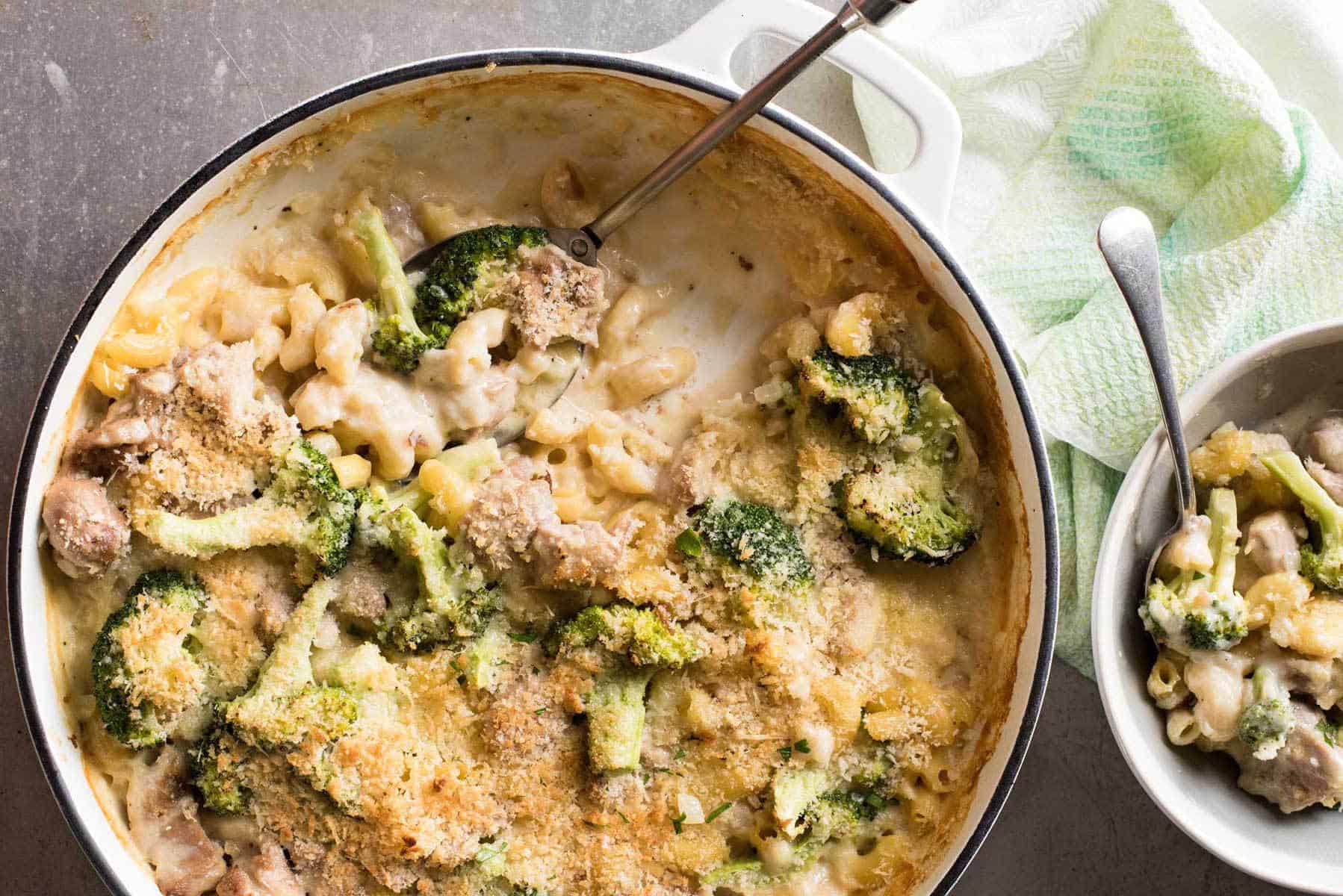 Baked Macaroni and Cheese with Chicken & Broccoli - Made in one pot, cheesy and creamy but made without a drop of cream!